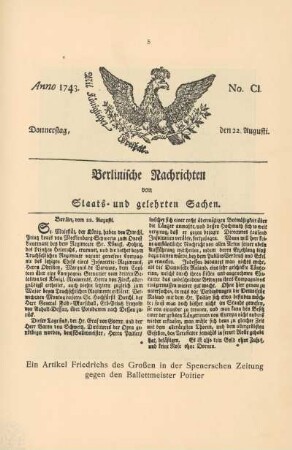 Ein Artikel Friedrichs des Großen in der Spenerschen Zeitung gegen den Ballettmeister Poitier