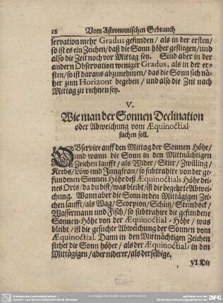 V. Wie man der Sonnen Declination oder Abweichung vom Aequinoctial suchen soll.