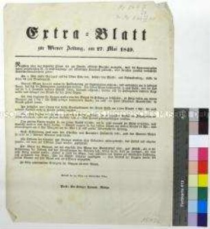 Extrablatt der Wiener Zeitung 27. Mai 1849 Darin: Bericht über Kämpfe in Ungarn