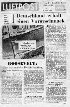 Britisches Nachrichtenblatt "Luftpost" u.a. über britische Luftangriffe auf deutsche Städte