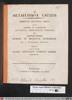 De Metastasibvs Lacteis : Dissertatio Inavgvralis Medica Qvam ... Pro Adipiscendis Svmmis In Medicina Honoribvs Die V Septembris MDCCXCVI