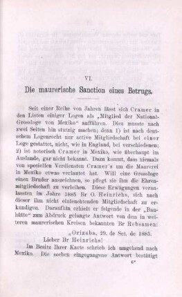 VI. Die maurerische Sanction eines Betrugs.