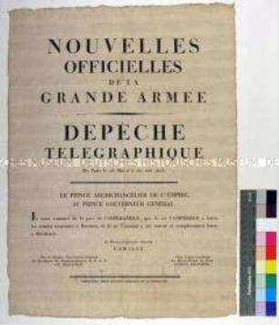 Maueranschlag einer französischen Telegrafiedepesche vom 26. Mai 1813 zum Sieg der französischen Grande Armée bei Bautzen und Hochkirch (in französischer Sprache)
