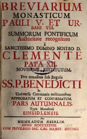 Breviarium Monasticum Pauli V. Et Urbani VIII., [3]. Pars Autumnalis