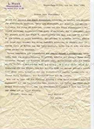 Brief eines Autors mit der Bitte um Fotomaterial für die Chronik der Stadt Wesermünde und eine Porträtaufnahme von Adolf Hitler als Titelbild für ein "Adolf-Hitler-Marschlied" - Nachlass