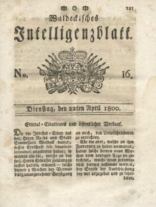 No. 16, Dienstag, den 22ten April 1800