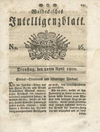 No. 16, Dienstag, den 22ten April 1800