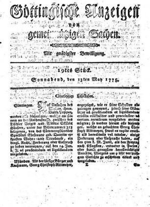19tes Stück. Sonnabend, den 13ten May 1775.