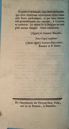 Copie De la Lettre du Général Miranda, aux Commissaires députés dans la Belgique : St. Tron ... le 6 Mars 1793 ...