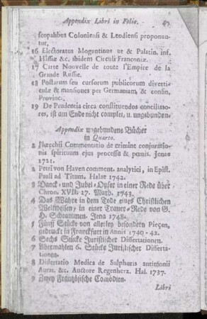 Appendix ungebundene Bücher in Quarto. - Appendix Libri in Octavo.