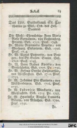 Das Löbl. Gotteshauß St. Catharina zu Wyl, Ord. des Heil. Dominici.