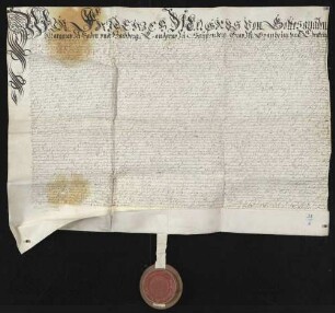Markgraf Friedrich VII. Magnus von Baden-Durlach bestätigt die am 9. Februar 1664 verfaßte Beschreibung der zu dem Schloß vor Berghausen gehörigen Güter