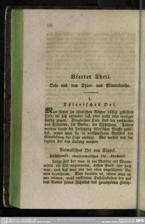 Vierter Theil. Oele aus dem Thier- und Mineralreiche