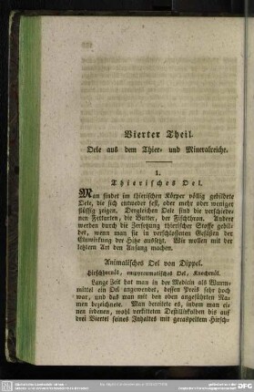 Vierter Theil. Oele aus dem Thier- und Mineralreiche