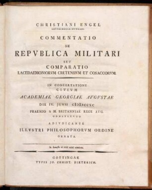 Commentatio de republica militari : seu comparatio Lacedaemoniorum Cretensium, et Cosaccorum