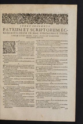 Index Secundus. Patrum Et Scriptorum Ecclesiasticorum In Hoc Syntagmate Theologiae Citatorum, Cum Locis Et Temporibus atque formis editionum