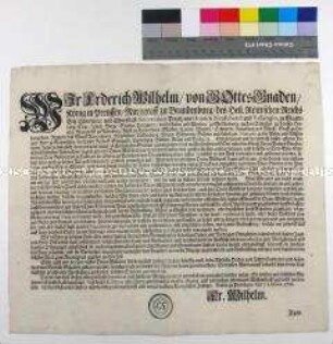 Edikt von Friedrich Wilhelm I. König in Preußen betreffend das Anlegen und Besetzen von Damwildgehegen bei Cölln an der Spree, Potsdam und Oranienburg zur späteren Auswilderung