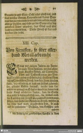 XIII. Cap. Von Firnissen, so über allerhand Metall gebraucht werden