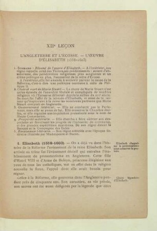 XIIe leçon L'Angleterre et l'Ecosse. - L'œuvre d'Elisabeth (1558-1603)