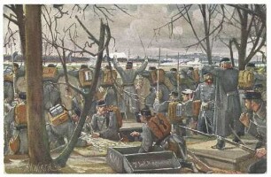 Das 1. Bataillon des 7. kgl. württ. Infanterie-Regiment im Park von Villiers am 30. November 1870 in Stellung, die herannahenden franz. Truppen erwartend