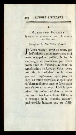 A Monsieur Formei, Secretaire perpetuel de l' Academie de Berlin.