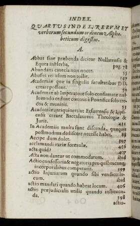 Quartus Index Rerum Et verborum secundum ordinem Alphabeticum digestus.
