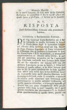 N. V. Risposta dell' Eminentissimo Casanate alla precedente lettera.