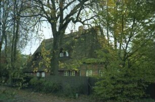 Rader Weg: Museum Rade: Fachwerkhaus mit Reetdach: traufständige Straßenfront mit Fledermausgauben: Giebelseite Wohntrakt