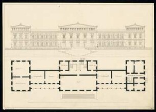 Kaffeehaus am Wasser, Berlin Monatskonkurrenz April 1834: Grundriss Erdgeschoss, Aufriss Ansicht vom Wasser; Maßstabsleiste