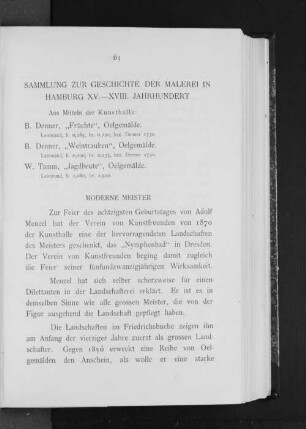Sammlung zur Geschichte der Malerei in Hamburg XV.-XVIII. Jahrhundert