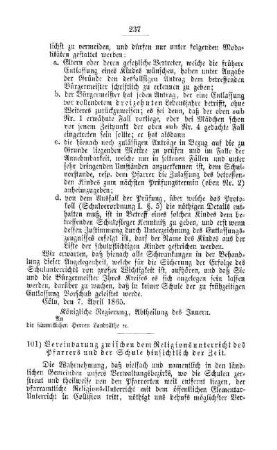 Vereinbarung zwischen dem Religionsunterricht des Pfarrers und der Schule hinsichtlich der Zeit : [V. Elementarschulwesen]