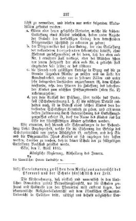 Vereinbarung zwischen dem Religionsunterricht des Pfarrers und der Schule hinsichtlich der Zeit : [V. Elementarschulwesen]