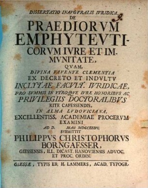 Diss. inaug. iur. de praediorum emphyteuticorum iure et immunitate