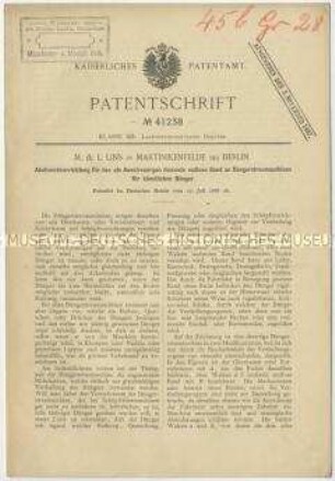 Patentschrift einer Abstreichvorrichtung für das als Ausstreuorgan dienende endlose Band an Düngerstreumaschinen für künstlichen Dünger, Patent-Nr. 41283