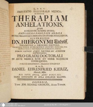 Disputatio Inavgvralis Medica, Sistens Therapiam Anhelationis