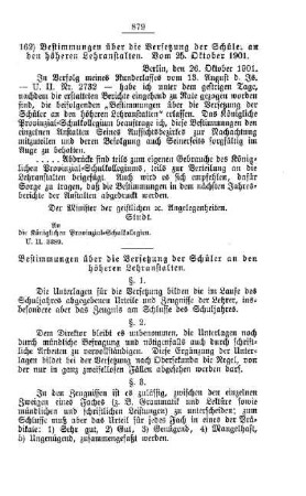 Bestimmungen über die Versetzung der Schüler an den höheren Lehranstalten. Vom 25. Oktober 1901 : [B. Höhere Lehranstalten]