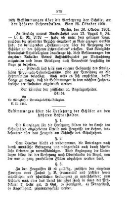 Bestimmungen über die Versetzung der Schüler an den höheren Lehranstalten. Vom 25. Oktober 1901 : [B. Höhere Lehranstalten]