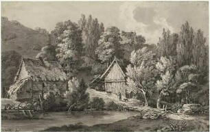 Flusslandschaft mit Häusern am Bach und Brücke aus Baumstämmen
