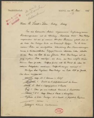 Brief an B. Schott's Söhne : 15.06.1915