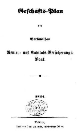 Geschäfts-Plan der Berlinischen Renten- und Kapitals-Versicherungs-Bank