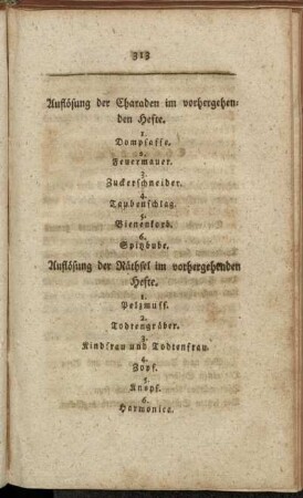 Auflösung der Charaden im vorhergehenden Hefte. - Charaden. - Räthsel.