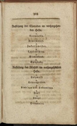 Auflösung der Charaden im vorhergehenden Hefte. - Charaden. - Räthsel.