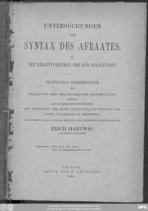 Untersuchungen zur Syntax des Afraates : I. die Relativpartikel und der Relativsatz