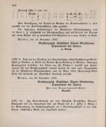 120. Ministerial-Bekanntmachung, betreffend Wechsel in der Hauptagentur der Vaterländischen Vieh-Versicherungs-Gesellschaft zu Dresden