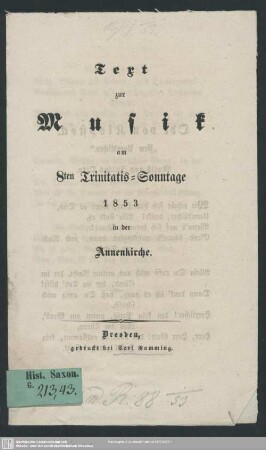 Text zur Musik am 8. Trinitatis-Sonntage 1853 in der Annenkirche