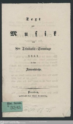Text zur Musik am 8. Trinitatis-Sonntage 1853 in der Annenkirche
