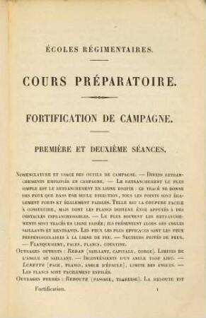 Cours préparatoire : Ministère de la Guerre. Écoles régimentaires. Fortification de campagne