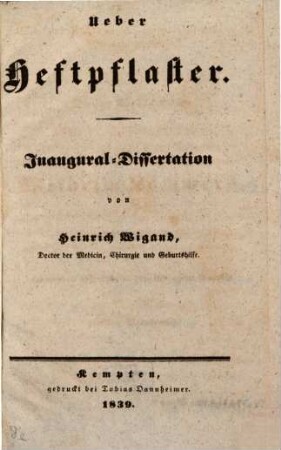 Über Heftpflaster : Inaugural-Dissertation