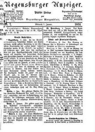Regensburger Anzeiger : General-Anzeiger und Handelszeitung. 1874, 1 - 6 = Nr. 1 (1. Januar) - Nr. 177 (30. Juni)