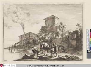 [Le muletier; Landscape of the Environs of Rome; Ein beladener Esel am Ufer eines Flusses mit zwei Männern]